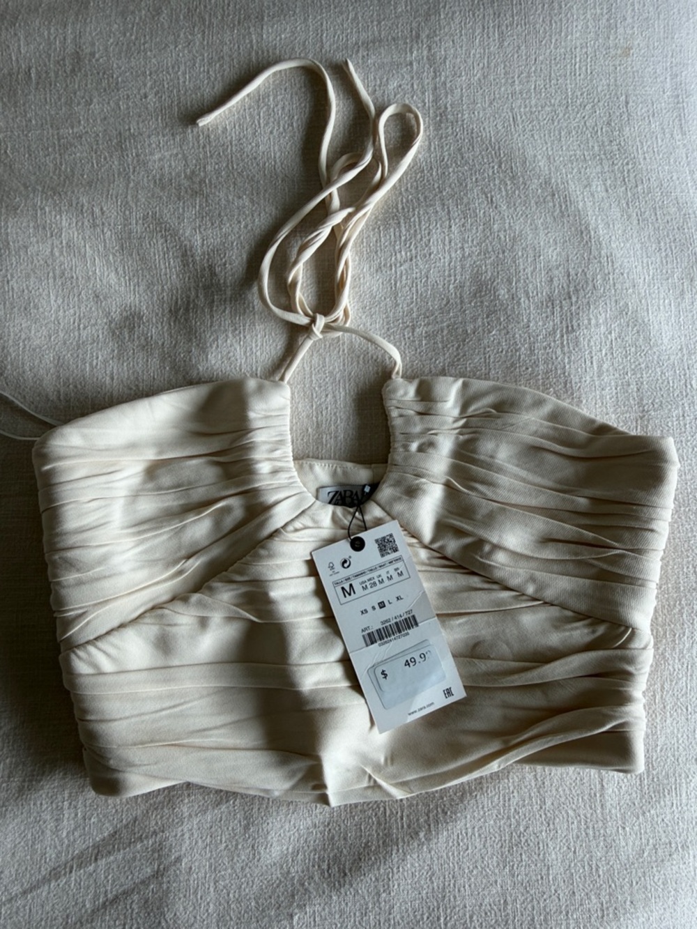 Zara Cream Ruched Halter Crop Top with Tie Neck